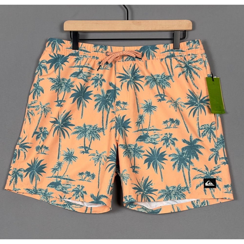 Quiksilver Mens Palm Tree Print Swim Trunks Peach Teal Board Shorts New